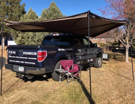 Rhino Rack Batwing Awning on Hitch Corner Truck